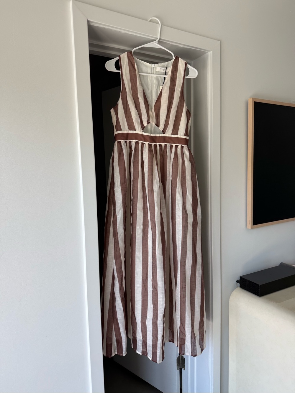 NWT Commense Striped V-Neck Maxi Dress in Brown and Cream - Picture 3 of 5